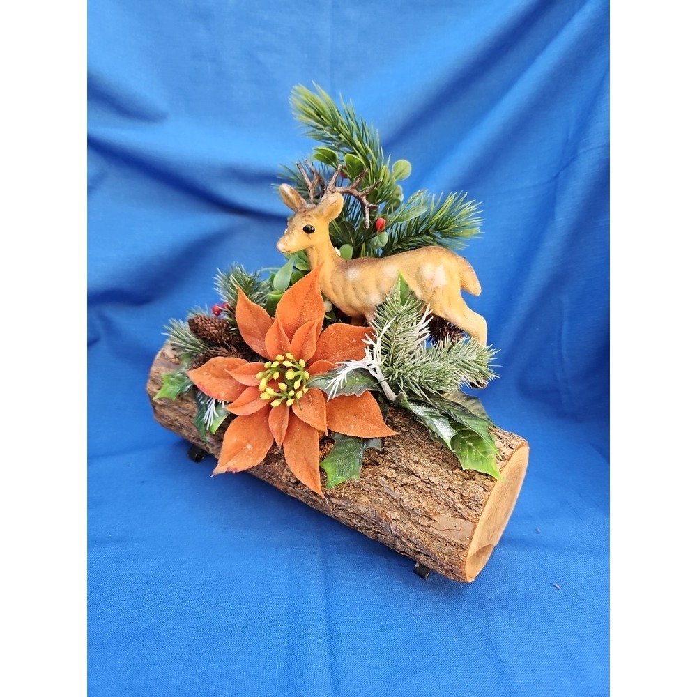 Christmas Reindeer Yule Tide‎ Log Centerpiece Flocked Plastic Poinsettia 10" VTG